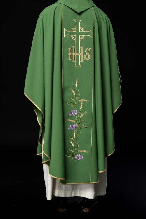 Green Chasuble with gold panel with IHS and wheat embroidery — collar detail
