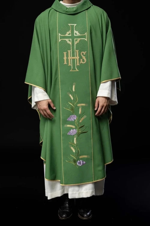 Green Chasuble with gold panel with IHS and wheat embroidery — fabric detail