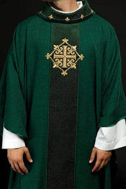 Green Chasuble with green velvet with embroidered cross — front view