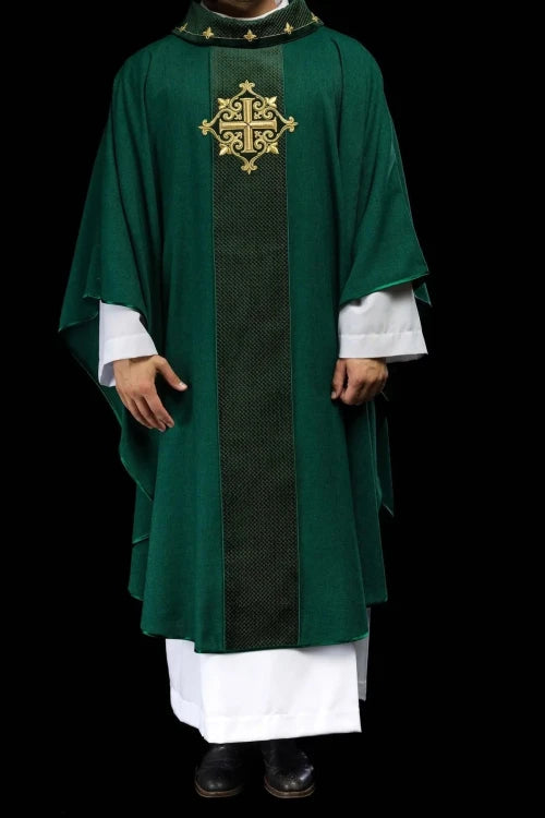Green Chasuble with green velvet with embroidered cross — full view