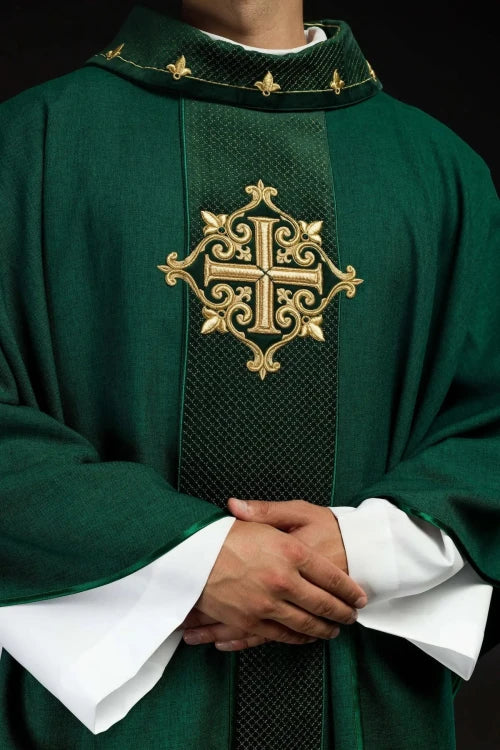 Green Chasuble with green velvet with embroidered cross — back view