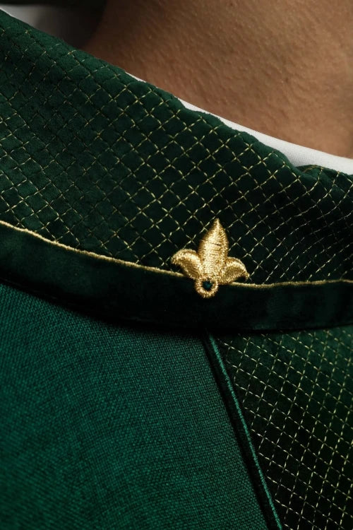 Green Chasuble with green velvet with embroidered cross — close-up detail