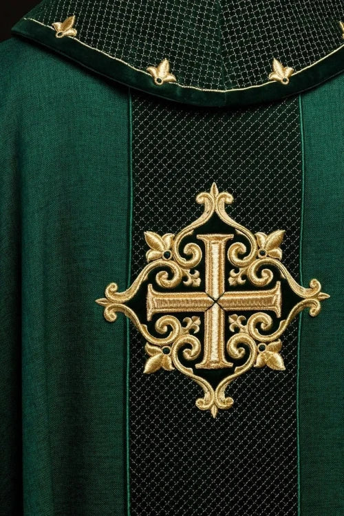 Green Chasuble with green velvet with embroidered cross — collar detail