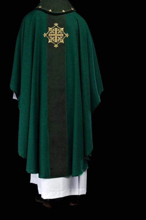 Green Chasuble with green velvet with embroidered cross — vestment detail