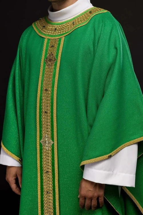 Green Chasuble with hand-finished natural-stone decoration — front view