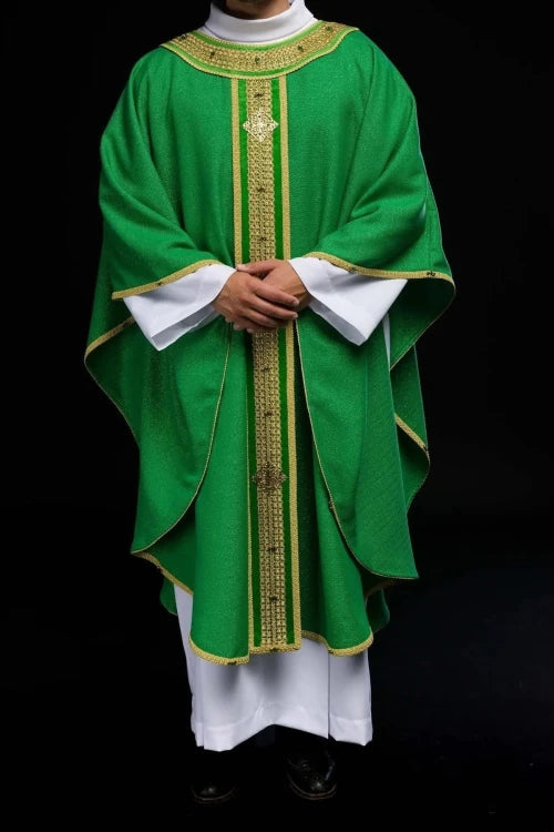 Green Chasuble with hand-finished natural-stone decoration — full view