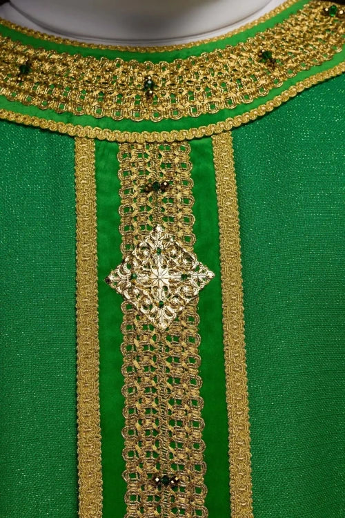 Green Chasuble with hand-finished natural-stone decoration — decoration detail