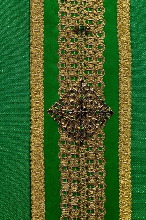 Green Chasuble with hand-finished natural-stone decoration — back view
