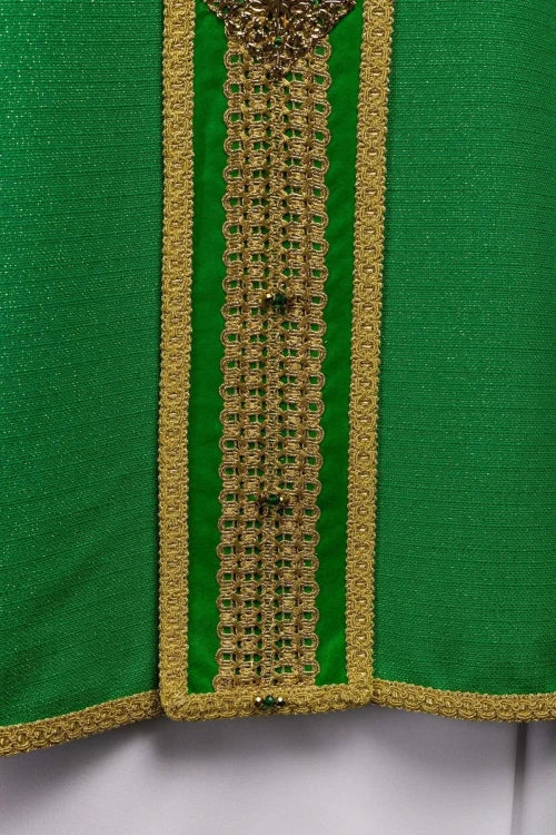 Green Chasuble with hand-finished natural-stone decoration — close-up detail