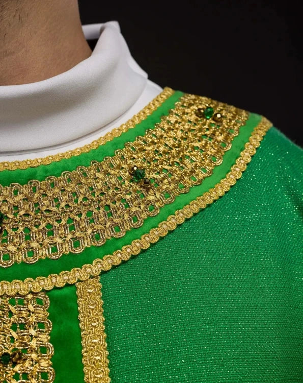 Green Chasuble with hand-finished natural-stone decoration — side view