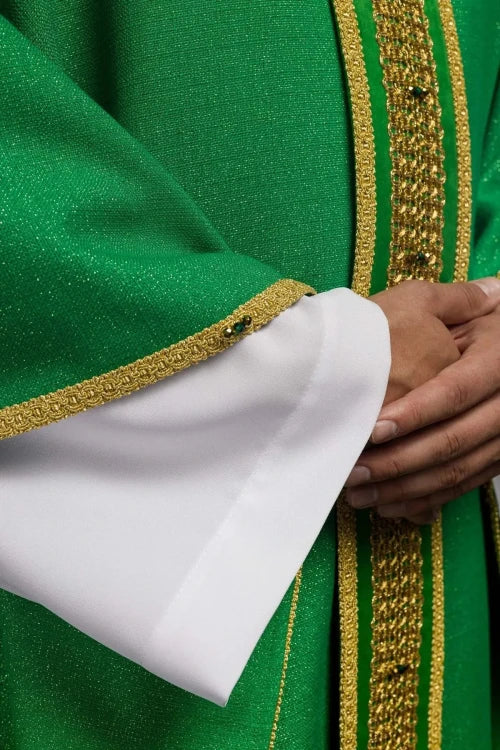 Green Chasuble with hand-finished natural-stone decoration — collar detail