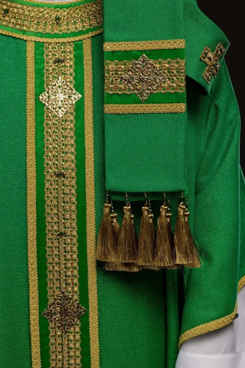 Green Chasuble with hand-finished natural-stone decoration — fabric detail