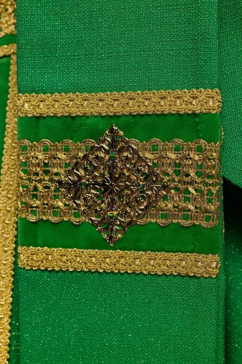 Green Chasuble with hand-finished natural-stone decoration — vestment detail