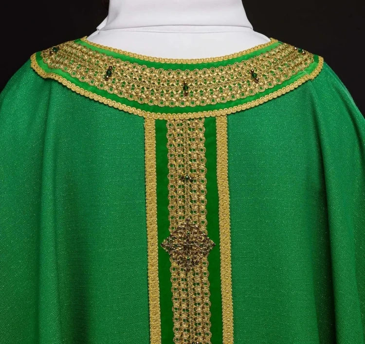 Green Chasuble with hand-finished natural-stone decoration — gallery view 12