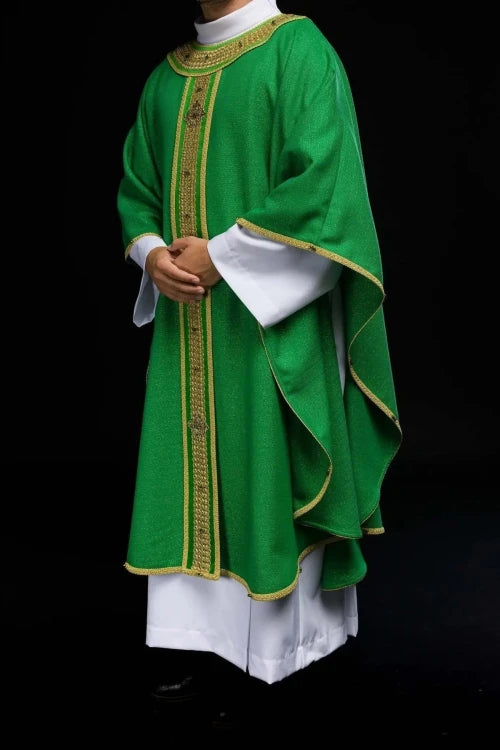 Green Chasuble with hand-finished natural-stone decoration — gallery view 15