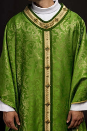 Green Chasuble with hand-finished natural-stone decoration – Variant II — front view