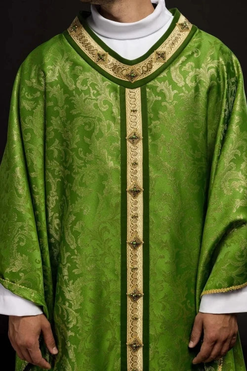 Green Chasuble with hand-finished natural-stone decoration – Variant II — front view
