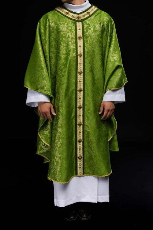 Green Chasuble with hand-finished natural-stone decoration – Variant II — full view