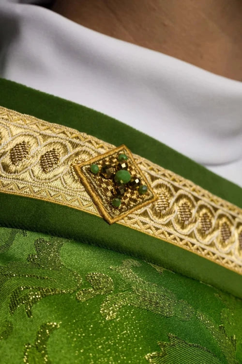 Green Chasuble with hand-finished natural-stone decoration – Variant II — back view