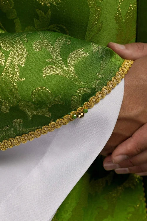 Green Chasuble with hand-finished natural-stone decoration – Variant II — side view