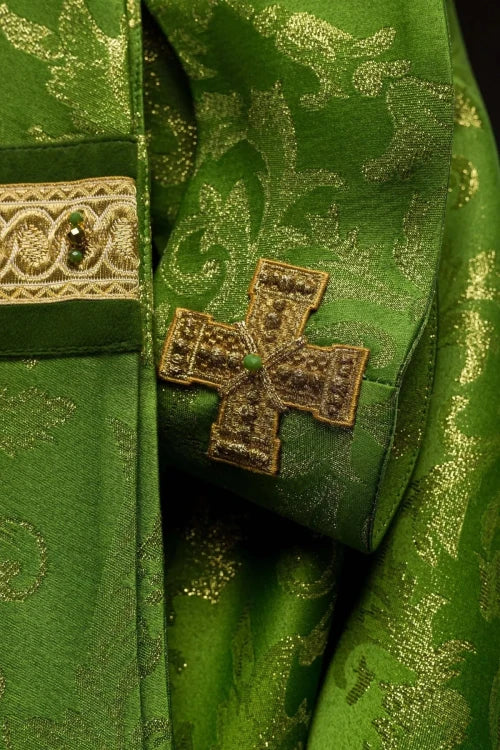 Green Chasuble with hand-finished natural-stone decoration – Variant II — vestment detail
