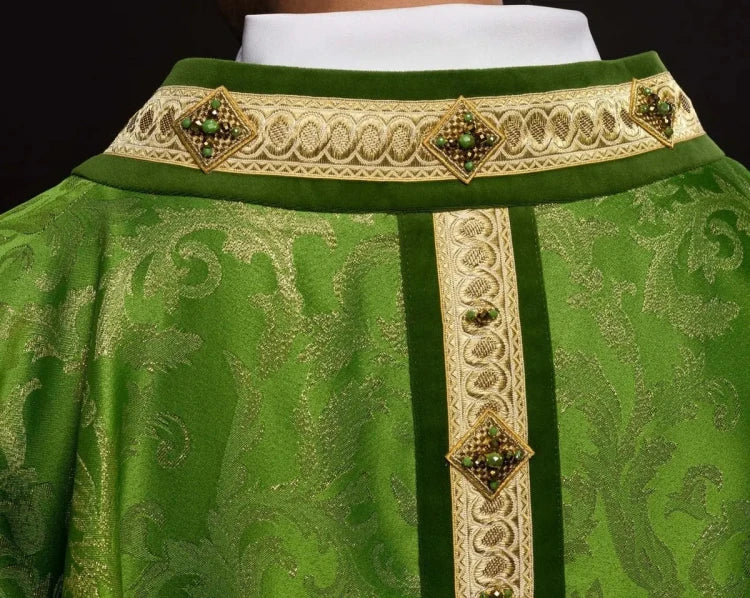 Green Chasuble with hand-finished natural-stone decoration – Variant II — gallery view 11