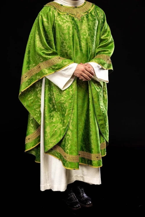 Green Chasuble with hand-finished natural-stone decoration – Variant III — front view
