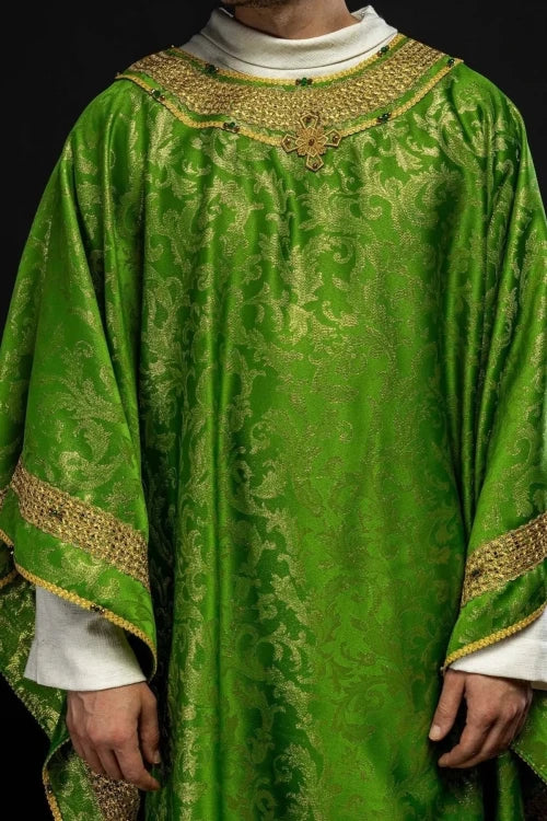 Green Chasuble with hand-finished natural-stone decoration – Variant III — full view