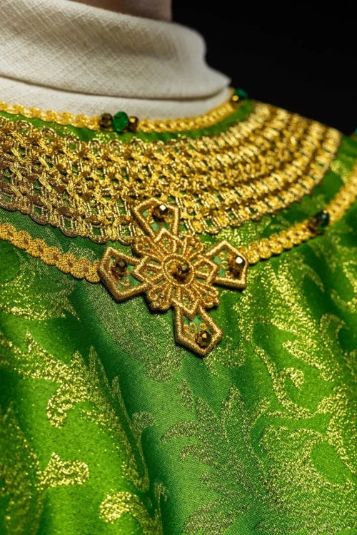 Green Chasuble with hand-finished natural-stone decoration – Variant III — back view