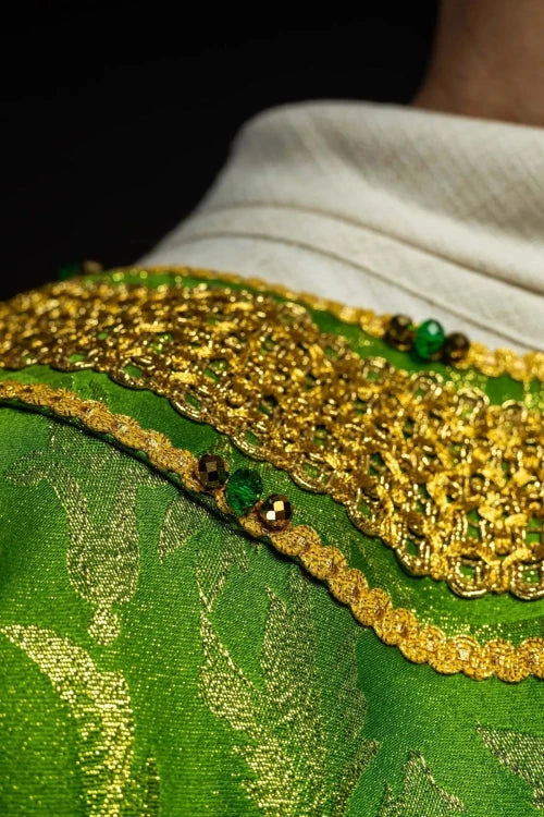 Green Chasuble with hand-finished natural-stone decoration – Variant III — close-up detail