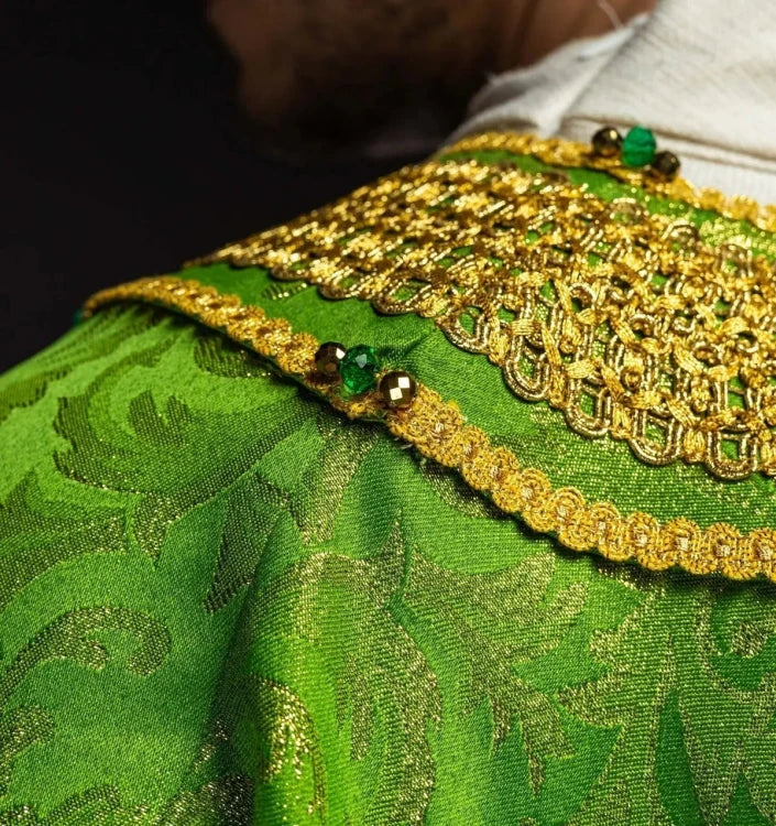 Green Chasuble with hand-finished natural-stone decoration – Variant III — side view