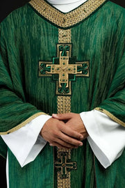 Green Chasuble with handcrafted natural-stone decoration — front view
