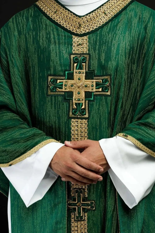 Green Chasuble with handcrafted natural-stone decoration — front view
