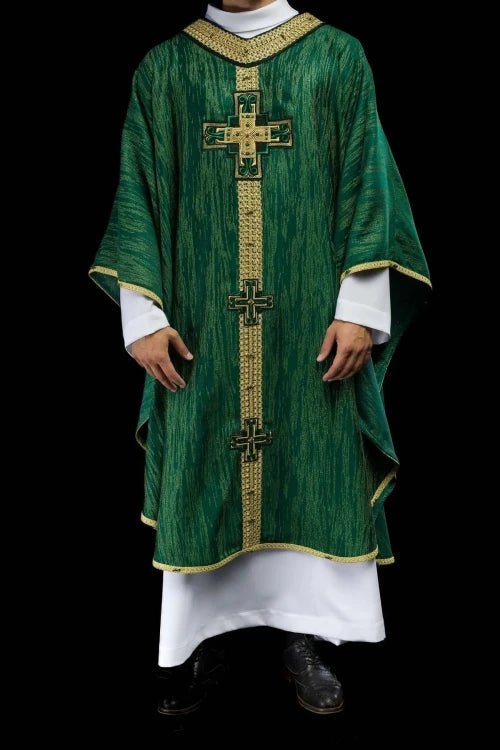 Green Chasuble with handcrafted natural-stone decoration — full view