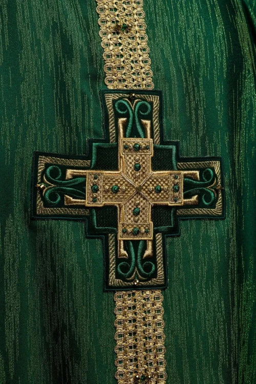 Green Chasuble with handcrafted natural-stone decoration — decoration detail