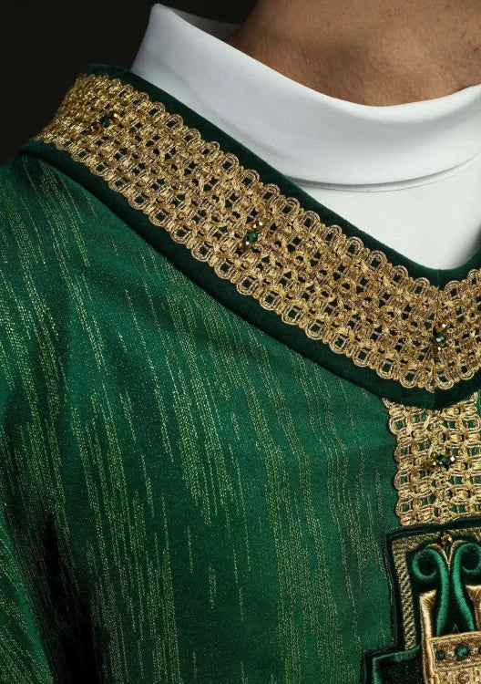 Green Chasuble with handcrafted natural-stone decoration — close-up detail