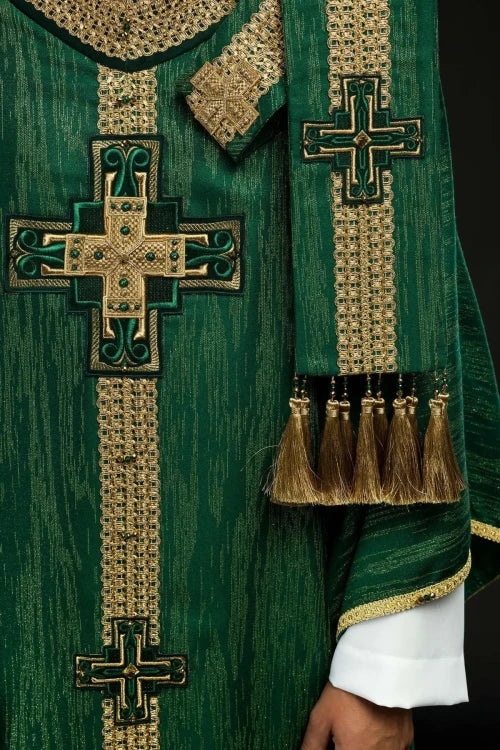 Green Chasuble with handcrafted natural-stone decoration — side view