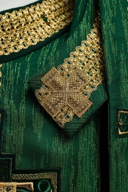 Green Chasuble with handcrafted natural-stone decoration — fabric detail