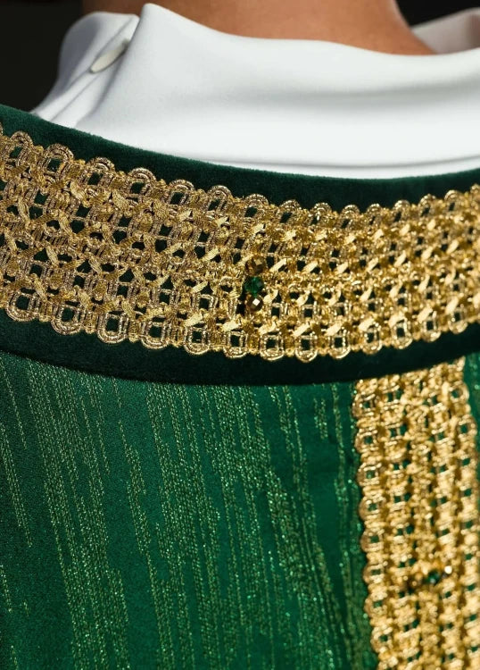 Green Chasuble with handcrafted natural-stone decoration — vestment detail