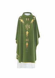 Green Chasuble with IHS and grape embroidery — front view