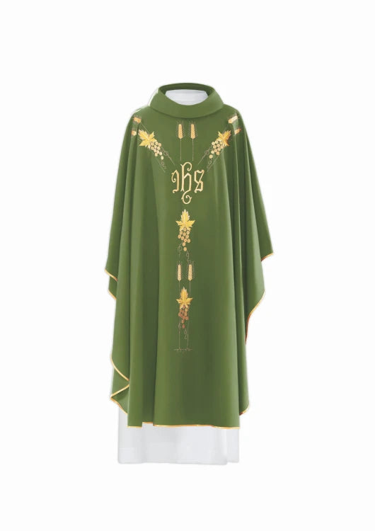 Green Chasuble with IHS and grape embroidery — front view