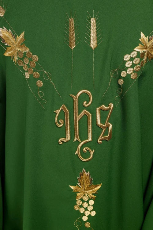 Green Chasuble with IHS and grape embroidery — back view