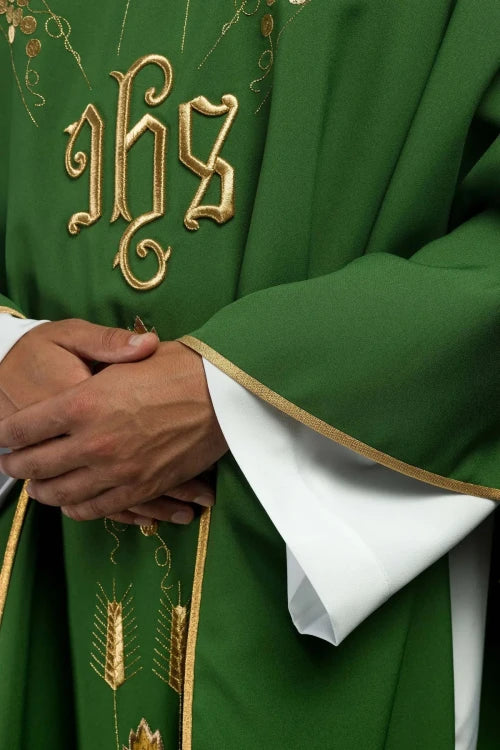 Green Chasuble with IHS and grape embroidery — close-up detail