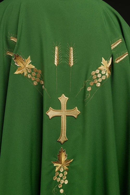 Green Chasuble with IHS and grape embroidery — side view