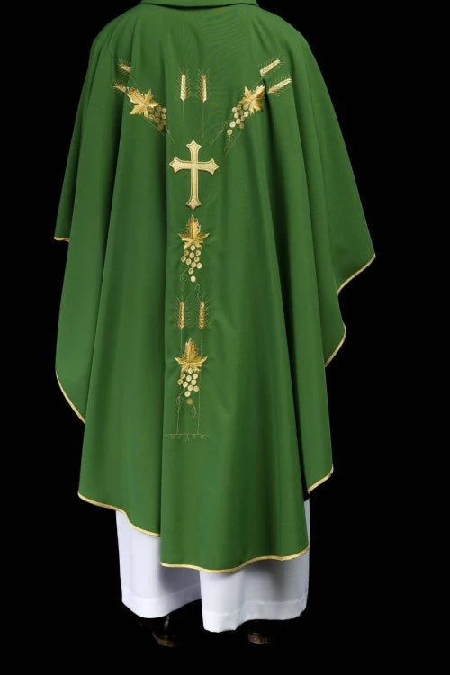 Green Chasuble with IHS and grape embroidery — collar detail