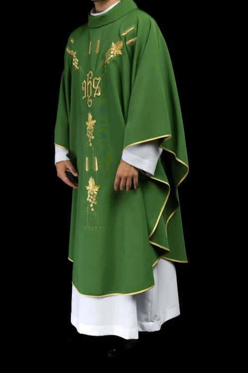 Green Chasuble with IHS and grape embroidery — fabric detail