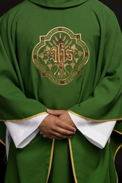 Green Chasuble with IHS and PAX embroidery — front view