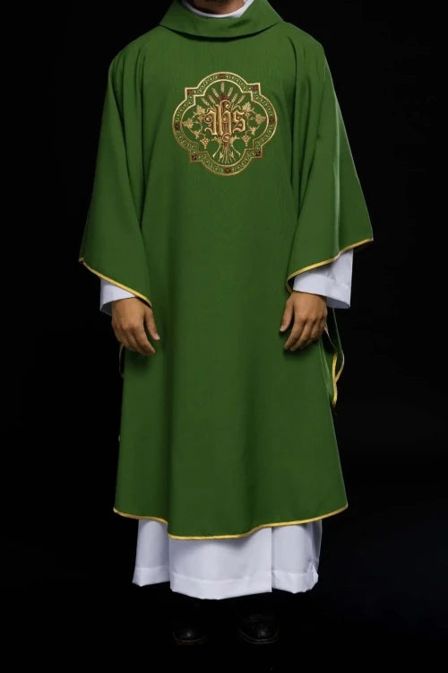 Green Chasuble with IHS and PAX embroidery — full view