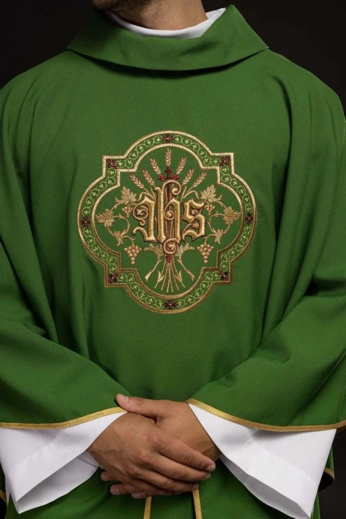Green Chasuble with IHS and PAX embroidery — decoration detail