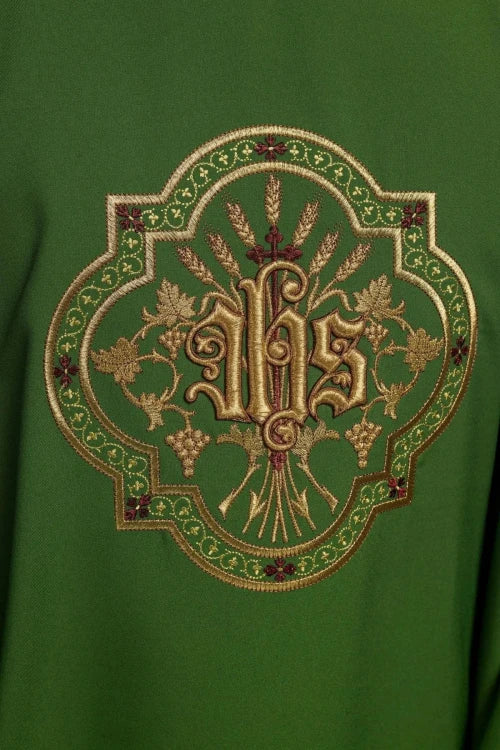 Green Chasuble with IHS and PAX embroidery — back view